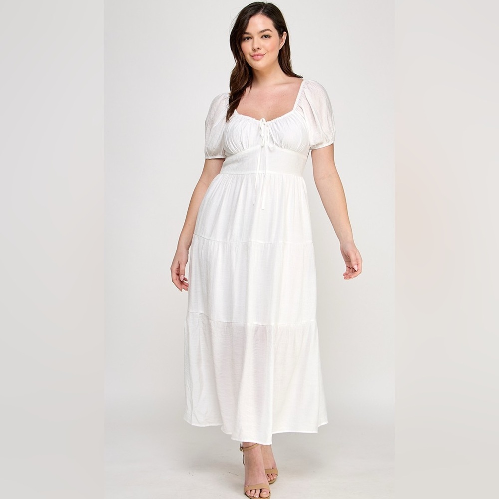 Front tie puff sleeve tired maxi dress